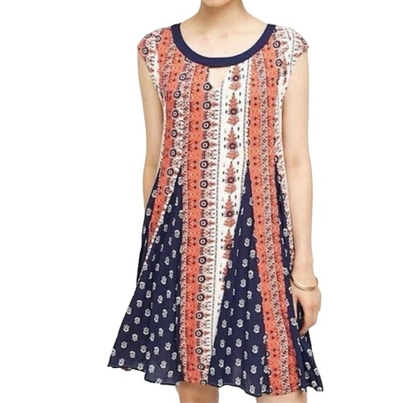 Maeve ANTHROPOLOGIE Canadice Red White Blue Patchwork Paisley Swing Dress XXSP - Picture 1 of 6